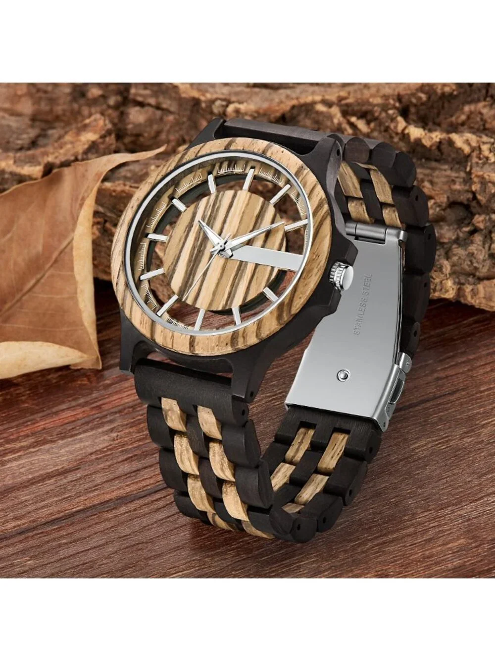 Men's Black Brown Classic Handmade Round Bamboo Analog Date Quartz Wooden Watch